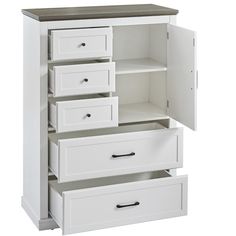 an open white cabinet with drawers