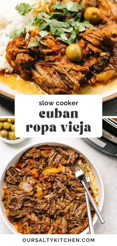 slow cooker cuban ropa vieja with rice and olives on the side