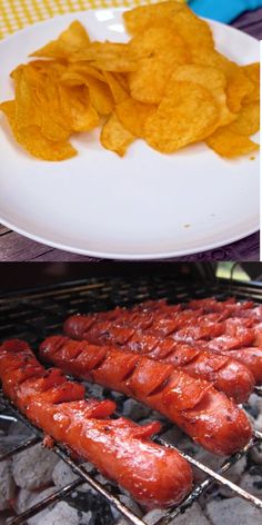 there are several different foods being cooked on the grills and in the oven, along with potato chips