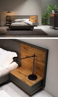 two pictures of a bedroom with a bed and nightstand