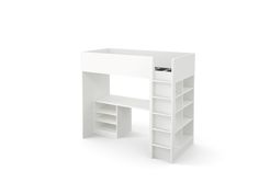 a white desk with shelves on the bottom and one shelf below it, against a white background