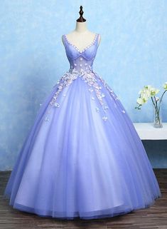 Any things please feel free to contact us: sales@Solvbao.com******* Product Detail*******Fabric: Tulle Product Number:#L6YTHemline: Floor LengthNeckline:V-necklineMaking time:2-3 weeks, Shipping time: 3-5 DaysCustom size/color, Rush Order is available, and no extra cost.******* Custom Measurements*******For better fitting, You can leave us the following information in the order notes when you check out, and please have a look our measuring guide at first: :Bust: ________inch/cm,Waist: ________inch/cm,Hips: ________inch/cmHollow to knee( for knee length dress only):________inch/cmHollow to Floor(without shoes): ________inch/cmYour Height without shoes______, The Shoes height you will wear with the dress:______Occasion date:______For the exactly right measurements or size, please have a look Blue V-neck Dress For Debutante Ball, Fitted Bodice V-neck Dress For Debutante Ball, V-neck Dress For Debutante Ball With Fitted Bodice, Purple V-neck Gown For Prom, V-neck Purple Gown For Prom Season, Purple V-neck Wedding Gown, Lavender Ball Gown With Fitted Bodice For Wedding, Lavender Wedding Ball Gown With Fitted Bodice, Elegant Lavender Dress For Quinceanera