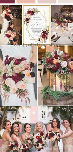 the bride and her bridals are all dressed in burgundy, gold and white