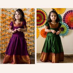 Indian traditional Baby Girl Lehenga Choli, Kids Dress, Indian Kids Dress, Lehenga Choli for Kids Girls, Party Wear, Chaniya Choli, Ethnic Wear, Ghagra Choli made in Traditional Narayanapet cotton converted from saree, it is a crop top skirt Handcrafted ready-made dress/ gown for girl kids suitable for any occasions like Wedding, birthday gifts, and even for bridesmaid. It is multipurpose crop top skirt set which can also be used as party wear, Casual and Traditional occasions, Festive wear etc. this Comfortable and Cute Looking Kids Girl's Lehenga Choli comes in 2 color variants green/ magenta dyed narayanapet cotton fabric in the top & skirt part with a beautiful big gold zari border on puff sleeve & in skirt with Metalic zip closure in top and hook with knot closure in skirt for a comfo Patola Dress For Kids, Cotton Dress For Diwali Puja, Festive Cotton Dress For Puja, Diwali Anarkali Traditional Wear With Short Sleeves, Anarkali Traditional Wear With Short Sleeves For Diwali, Cotton Frock For Festive Occasions, Diwali Short Sleeve Cutdana Sets, Festive Anarkali With Short Sleeves, Traditional Frock With Pallu For Navratri