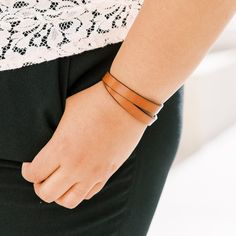 This chic yet classic design will quickly become her new favorite accessory. Wear with other bracelets for a trendy, stacked look or alone for a simple accessory pop. Pair with jeans and a white t-shirt for a casual weekend look perfect for errand running and the kids' sporting events. Size: 7" bracelet - when double wrapped, 10mm leather Materials: leather Metals: sterling silver plated clasp Classic Adjustable Leather Bracelet For Everyday, Classic Adjustable Double Band Leather Bracelet, Adjustable Brown Wrap Bracelet For Everyday, Chic Adjustable Double Band Bracelet, Everyday Double Band Leather Bracelet, Modern Adjustable Leather Bracelet For Everyday, Modern Adjustable Leather Bracelet, Adjustable Casual Wristband For Everyday, Adjustable Casual Everyday Wristband