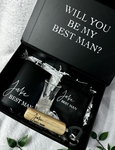 an open box with two bottles and a corkscrew in it that says, will you be my best man?