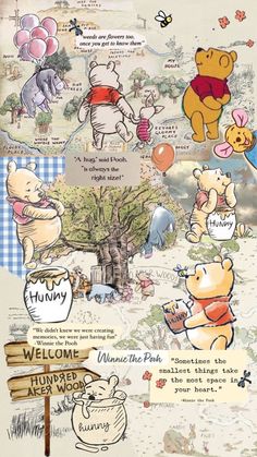 the winnie the pooh poster is shown with many different characters and words on it