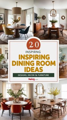 an image of dining room and living room with the words 20 inspiring dining room ideas