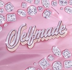 the word sequins is surrounded by diamonds and other jewels on a pink background