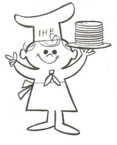 a drawing of a chef holding a stack of pancakes