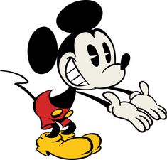 a cartoon mickey mouse with his mouth open and tongue out, pointing to the side