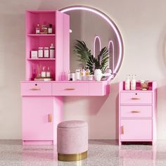 a pink vanity with mirror, stool and potted plant