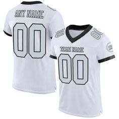 Order the jersey with special name & number you want from our shop, making a vibrant look on the field or daily life! Features: 1. Material: 100% Recycled Polyester-Body; 88% Nylon/12% Spandex-Neckline, Sides, Sleeves 2. Fit: Authentic jerseys have an athletic cut that fits snug in the chest and shoulders. 3. Stitched tackle twill name and numbers 4. Sublimated stripes on sleeves 5. Zone stretch fabric for enhanced movement; Tailored fit designed for movement 6. Moisture-wicking fabric has spong White Jersey With Name Print For Sports Season, White Team Spirit Jersey With Name Print, White Jersey With Name Print For Game Day, White College Jersey With Letter Print, White Jersey With Name Print, College White Jersey With Letter Print, Black Varsity Jersey With Moisture-wicking, Black Moisture-wicking Varsity Jersey, Sporty College Jersey With Name Print