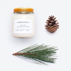 a pine cone next to a jar of candles and a small pine cone on a white surface