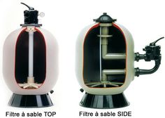 two different types of water filtrators are shown in this image, one is white and the other is black