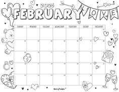 a calendar with hearts and arrows for the month of february