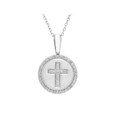 Display your faith with this diamond accent cross necklace from It's Personal. Display your faith with this diamond accent cross necklace from It's Personal.Click on this JEWELRY & WATCHES GUIDE to learn about fit, styles, materials and more! Pendant size: 12.5 mm. Chain length: 18-in. Chain type: cable Adjustable chain with lobster-claw clasp Base metal: sterling silver Finish: matte Plating: rhodium Packaging: boxed Nickel freeDIAMOND DETAILS Total weight: 1/6 ct. Shape: round brilliant Settin Anniversary Necklace With Pave Setting Cross Pendant, Anniversary Cross Pendant Necklace With Pave Setting, Anniversary Cross Necklace With Pave Setting, White Gold Round Diamond Cut Cross Necklace, Cross Necklace With Single Cut Diamonds, Anniversary Cross Necklace With Diamond Accents, Silver Diamond Cross Pendant Necklace, Silver Diamond Round Cross Necklace, Diamond Round Cross Necklace For Anniversary