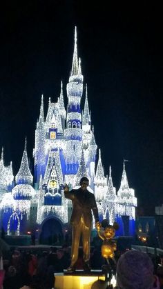 the castle is lit up with christmas lights