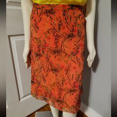 Elevate Your Bohemian Style With This Stunning Gianni Bini Floral Midi Skirt In Vibrant Orange. The Skirt Features A Flattering A-Line Silhouette With A Mid-Rise Waist And Knee-Length Hemline. The Floral Pattern And Sheer Lining Add A Touch Of Femininity And Elegance To The Piece, Making It Perfect For Any Occasion. The Skirt Has A Convenient Zip Closure And Requires Dry Cleaning Only For Garment Care. Whether You're Dressing Up For A Special Event Or Keeping It Casual For A Daytime Outing, This Orange Floral Print Skirt, Orange Floral Print Long Skirt, Casual Orange Pencil Skirt, Orange Lined Midi Skirt, Casual Orange Floral Print Skirt, Bohemian Orange Floral Print Skirt, Orange Midi Skirt For Spring, Flowy Orange Skirt For Spring, Orange Flowy Skirt For Spring