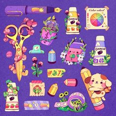 an assortment of stickers and magnets on a purple surface with flowers, plants, and other items