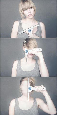 a woman holding a toothbrush in four different stages