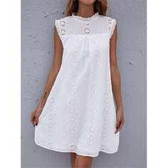 Season:Summer; Fabric:Lace; Sleeve Length:Sleeveless; Look After Me:Machine wash; Gender:Women's; Style:Streetwear; Elasticity:Inelastic; Occasion:Date,Vacation,Street,Holiday; Fit Type:Regular Fit; Dresses Type:White Dress,Plain Dress,Lace Dress,Summer Dress,Casual Dress,Tank Dress; Design:Lace,Patchwork,Eyelet; Neckline:Stand Collar; Listing Date:03/15/2024; Bust:; Length:; Shoulder Width:; Fit US Size:; Fit UK Size:; Fit EU Size:; Dress Length Type:Mini Dress; Print Type:non-printing Ruffle Neck Dress, Loose Midi Dress, Cute Dresses For Party, Women Lace Dress, Shift Dresses, Cotton Linen Dresses, Sleeveless Short Dress, Lace Cutout, Vestido Casual