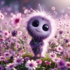 an adorable little furry creature standing in the middle of flowers with eyes wide open and one eye half closed