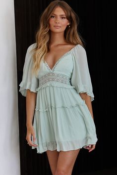 Desert Rose Bell Sleeve Mini Dress Mint by Selfie Leslie Spring Pics, Sunset Drinks, Pink Dress Shoes, Bell Sleeve Mini Dress, Country Fits, Ethnic Dresses, Boho Jewels, Brunch Dress, Dress Mint