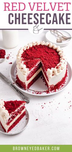 red velvet cheesecake with white frosting on a plate