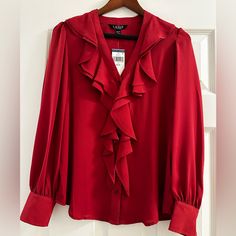 Bnwt Ralph Lauren Ruffle-Front Button Down Blouse. Size Xs But Has A Loose Fit. The Color Is Not A Bright Red As The Pictures Show. It's A Burgundy/Wine Color But The Camera Wouldn't Pick It Up. Comes From A Non-Smoking Home! Elegant Red Ruffled Blouse, Elegant Ralph Lauren Spring Blouse, Ralph Lauren Formal Long Sleeve Tops, Red Ruffled Blouse For Formal Occasions, Red Button-up Ralph Lauren Top, Ralph Lauren Red Button-up Top, Ralph Lauren Tops With Button Closure For Work, Ralph Lauren Blouse, Red Suit