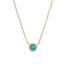 Our Magic Eye Emerald Necklace features a single brilliantly verdant emerald, bezel set with our signature milgrain texture and hung on a delicate cable chain.   Details: - 3.5 mm emerald - milgrain detail - 16" cable chain  Available in 14K yellow, rose and white gold. Classic Green Emerald Necklace With Bezel Setting, Classic Emerald Necklaces With Bezel Setting, Green Necklace With Bezel Setting For May Birthstone, Classic Green Birthstone Necklace, Elegant Green Birthstone Necklace With Delicate Chain, Elegant Green Birthstone Necklace With Bezel Setting, Classic Green Birthstone Necklace For Formal Occasions, Classic Green Birthstone Necklace For Formal Events, Classic Bezel Set May Birthstone Necklaces