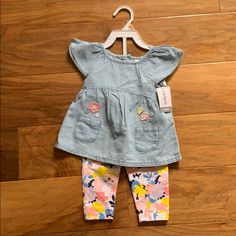 Nwt Carter’s Floral Leggings And Chambray Flutter Sleeve Top With Embroidered Flowers. 12 Months. Cute Spring Play Sets, Playful Spring Sets For Playdate, Playful Sets For Playdate In Spring, Casual Play Sets For Spring, Fitted Casual Sets For Playdate, Cute Stretch Sets For Spring, Pink Play Sets For Spring, Playful Stretch Sets For Spring, Pink Spring Play Sets