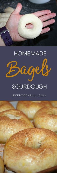 homemade bagels with sourdough in the background and text overlay that reads homemade bagels sourdough