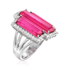 Ross-Simons - 10.45 ct. t. w. Pink and White Topaz Ring in Sterling Silver. Size 9. You'll grab everyone's attention when you don this vibrant ring. Set in polished sterling silver, 9.65 ct. t. w. emerald-cut pink topaz gemstones are sparked by frames of .80 ct. t. w. white topaz rounds. 7/8" wide. White and pink topaz ring. Pink Topaz Ring, Sky Blue Topaz Ring, Pink Stone Rings, Turquoise Drop Earrings, London Blue Topaz Ring, Pink Topaz, Peridot Ring, London Blue Topaz, Blue Topaz Ring