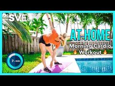 a woman in an orange shirt is doing exercises near a swimming pool with the words at home morning cardio workout