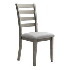 a wooden chair with a grey seat and back rest on an isolated white background,