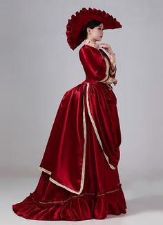 Women 19th Century Red Lace Victorian Bustle Dress Color: Red   Material: This dress made of High Quality Satin, soft,smooth and comfortable to wear  Sleeve Length:  Long Sleeve  Dresses Length:Floor Length  Neckline:  Square Collar  Decoration: Ruffles + Lace  Package Includes:  Dress + Hat   The length of skirt about 45 inches (114 cm) long from waist to hem regardless of size. This dress is pictured with a 6-hoop skirt Petticoat underneath to achieve the look. Petticoat are NOT INCLUDED Victorian Bustle Dress, Masquerade Party Dresses, Christmas Burgundy, Gothic Victorian Dresses, Victorian Bustle, Bustle Dress, Hoop Skirt, Party Dresses Online, Dress Hat