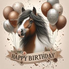 a happy birthday card with a horse and balloons