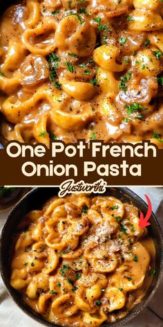 one pot french onion pasta is in a skillet and the other has cheese on top