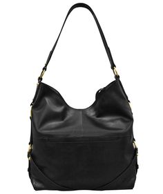 The perfect slouchy, sophisticated hobo is here, in rich black leather with edgy brass hardware. Lots of pockets and a roomy interior makes it practical ﻿and﻿ chic. This one will take you anywhere, ladies. ∙ Glazed Leather - lightly waxed full grain leather, drapes well and is pliable∙ RFID blocking lining∙ Antique Brass Hardware∙ Dropped metal zip closure∙ Black slip pocket∙ Interior zip pocket, slide pocket, and key leash∙ Dimensions: 12 x 14 x 4.5 in.∙ Strap Drop: 14.5 in. Have any questions Black Leather-lined Hobo Bag For Everyday Use, Luxury Black Hobo Bag With Metal Hardware, Black Hobo Bag With Leather Handles For On-the-go, Black Textured Leather Hobo Bag For On-the-go, Black Leather Hobo Bag With Silver-tone Hardware, Dressy Earrings, Large Hobo Bag, Studded Purse, Top Handbags