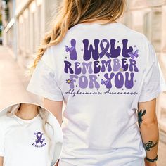 I Will Remember For You Shirt, Butterfly Alzheimer's Awareness Shirt, Alzheimer Shirt For Mom Dad, Purple Ribbon, Family Support Alzheimer MATERIAL UNISEX T-SHIRT Material * Our shirts are composed of 60% cotton and 40% polyester for your comfort. Size Chart  * Feel free to refer to our size chart for the ideal fit of your t-shirts. * Explore a diverse range of sizes designed to accommodate every member of your family. UNISEX SIZING CHART Small: Length 28" - Width 18" (4-6) Medium: Length 29" - Width 20" (6-10) Large: Length 30" - Width 22" (10-14) XL: Length 31" - Width 24" (14-18) 2XL: Length 32" - Width 26" (18-20) 3XL: Length 33" - Width 28" (20-22) All measurements are approximations. Shirts may be within 1" of the dimensions listed The shirts were measured laying on a flat surface, s Purple Casual Top For Awareness Events, Casual Purple Top For Awareness Events, White Cotton Tops For Awareness Events, White Graphic Print Tops For Awareness Events, Alzheimer's Awareness, Alzheimers Awareness, Family Support, Purple Ribbon, Awareness Shirt