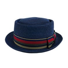 Detroit | Mens Fedora Straw Pork Pie Hat offers sleek, modern style for sunny days. Its paperbraid build and striped ribbon with buckle add sharp sophistication. Material: 100% Paperbraid Shape: Porkpie Trim: Striped Ribbon Band with Crosspiece Brim Size: 1 1/2” Crown Height: 4” Sweatband: Sewn-in Twill Fabric Imported Navy Short Brim Summer Hat, Navy Fitted Wide Brim Hat, Fitted Navy Wide Brim Hat, Classic Navy Flat Cap, Classic Navy Hat With Short Brim, Navy Classic Hat With Short Brim, Navy Fitted Hat With Short Brim, Classic Navy Hat With Flat Brim, Navy Flat Brim Hat For Summer