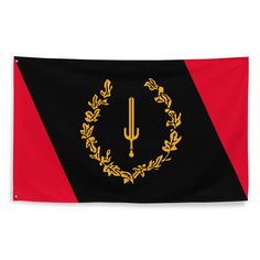 a black and red striped flag with gold wreath on the center, in front of a white background