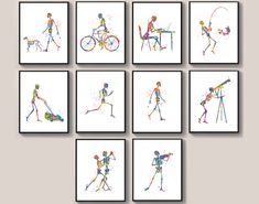 six different colored pictures of people with bicycles and tennis rackets, all on white paper