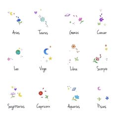 the zodiac signs and their meanings are drawn in different colors, shapes, and sizes