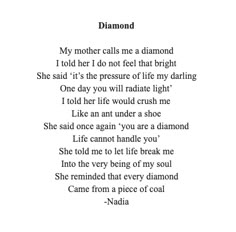 a poem written in black and white with the words diamond on it's left side