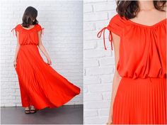 Vintage 70s Red Maxi Dress Draped Accordion Pleated Full Goddess boho Small S 7069 vintage dress 70s Bohemian Pleated Maxi Dress For Party, Red Maxi Dress For Summer, Red Retro Maxi Dress For Summer, Red Pleated Flowy Maxi Dress, Flowy Red Pleated Maxi Dress, Red Retro Maxi Dress For Spring, Retro Red Maxi Dress For Spring, Retro Floor-length Maxi Dress For Summer, Retro Summer Floor-length Maxi Dress