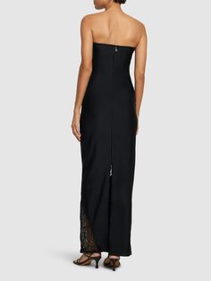 Back zip closure. Sheer lace inserts. Lined. Model is wearing a size36 Elegant Strapless Dress With Side Zipper, Elegant Formal Dresses With Zipper Closure, Rotate Dress, Maxi Tube Dress, Birger Christensen, Versace Brand, Maxi Jersey Dress, Lace Insert, Tube Dress