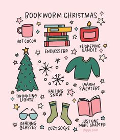 the bookworm christmas sticker sheet is shown in pink and has various items on it