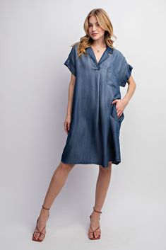 This adorable chambray dress is so easy to wear and it's incredibly soft. So many ways to style this cutie, from boots to sandals to sneakers. You will love how many different ways you can style this. Chambray Dress Outfit, Kimono Sweater, Chambray Dress, Top Gifts, Lapel Collar, Sweater Skirt, Chambray, How Many, Jacket Dress